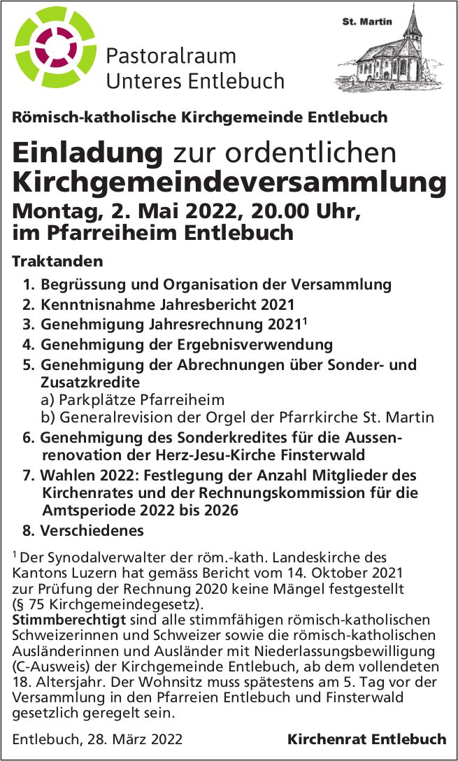 Ordentliche Kirchgemeindeversammlung 2 Mai Pfarreiheim Entlebuch