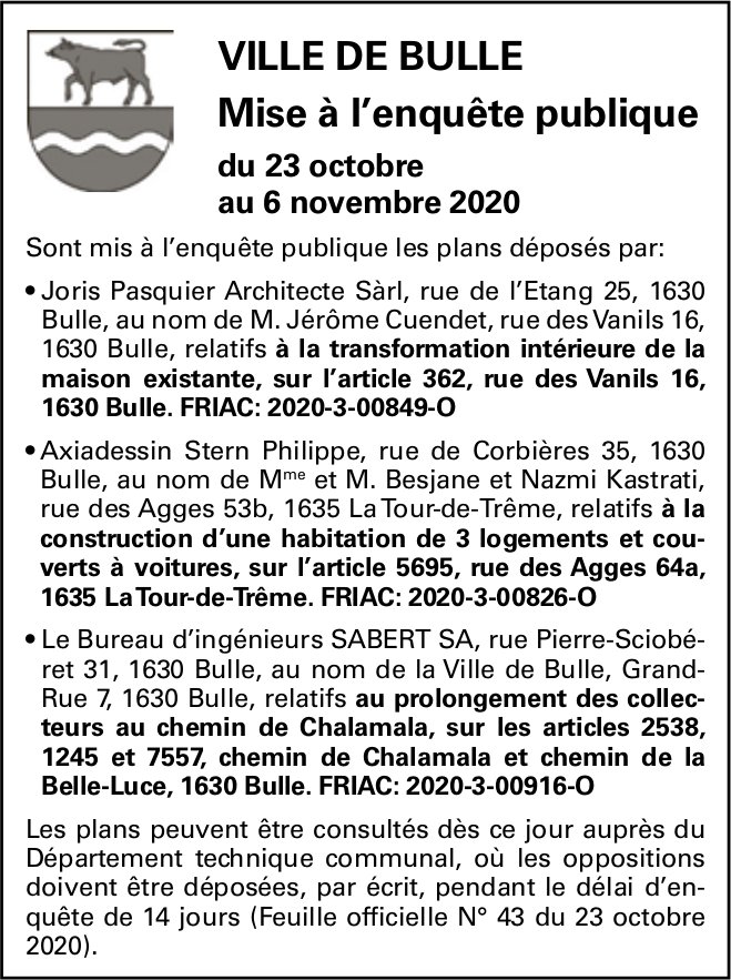 Mise à lenquête publique du 23 octobre au 6 novembre 2020 Ville de Bulle