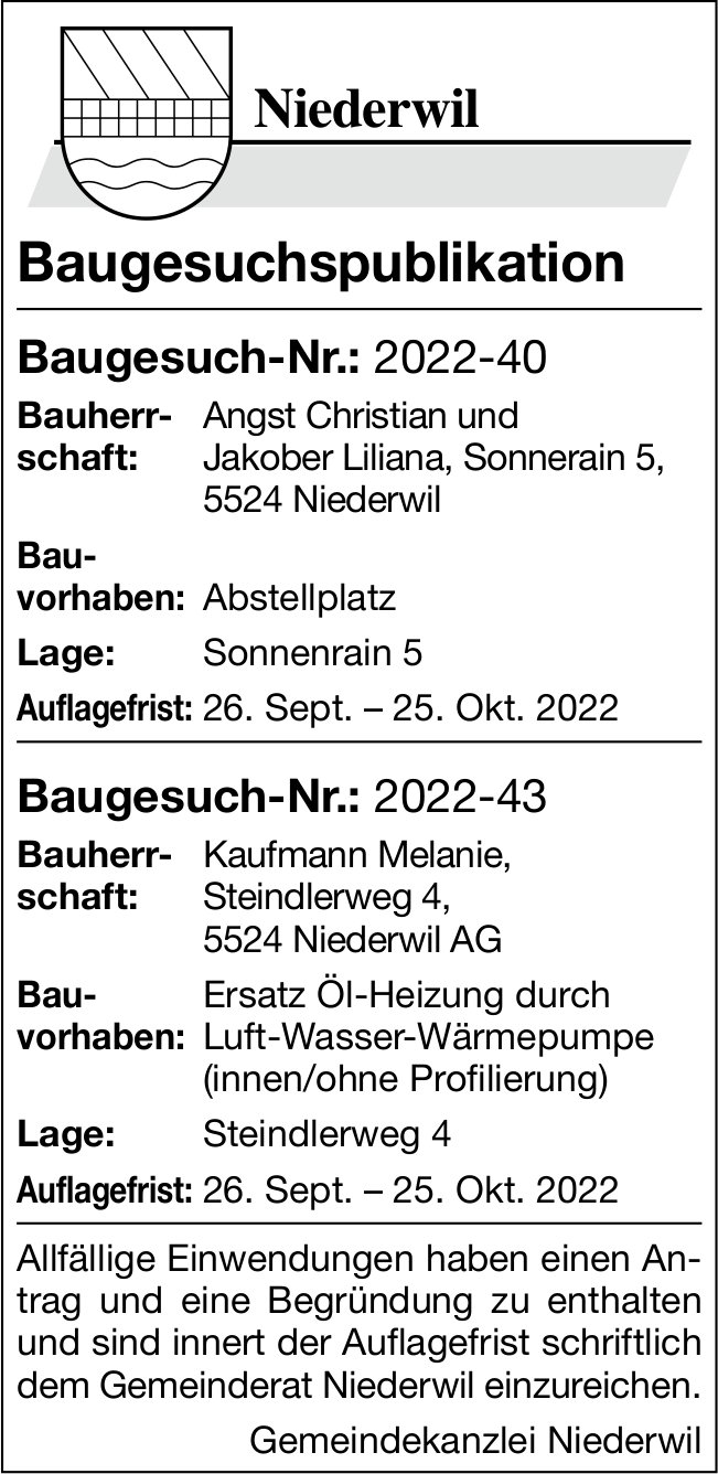 Baugesuche Niederwil Angst Christian Und Jakober Liliana