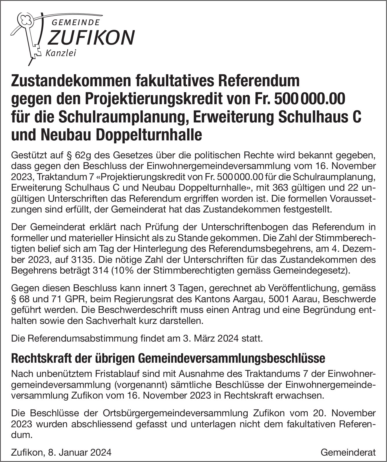 Zufikon Zustandekommen Fakultatives Referendum Gegen Den