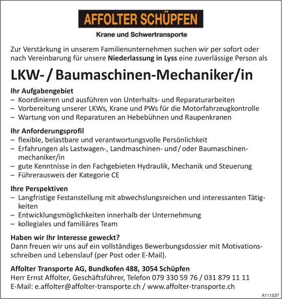 LKW­ / Baumaschinen­-Mechaniker/in, Affolter Transporte AG, Schüpfen, gesucht
