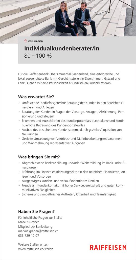 Individualkundenberater/in 80-100%, Raiffeisenbank Obersimmental-Saanenland, Zweisimmen, gesucht
