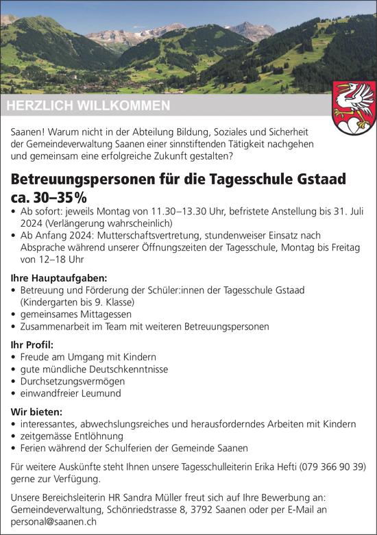 Betreuungspersonen für die Tagesschule Gstaad ca. 30–35%, Gemeinde, Saanen, gesucht