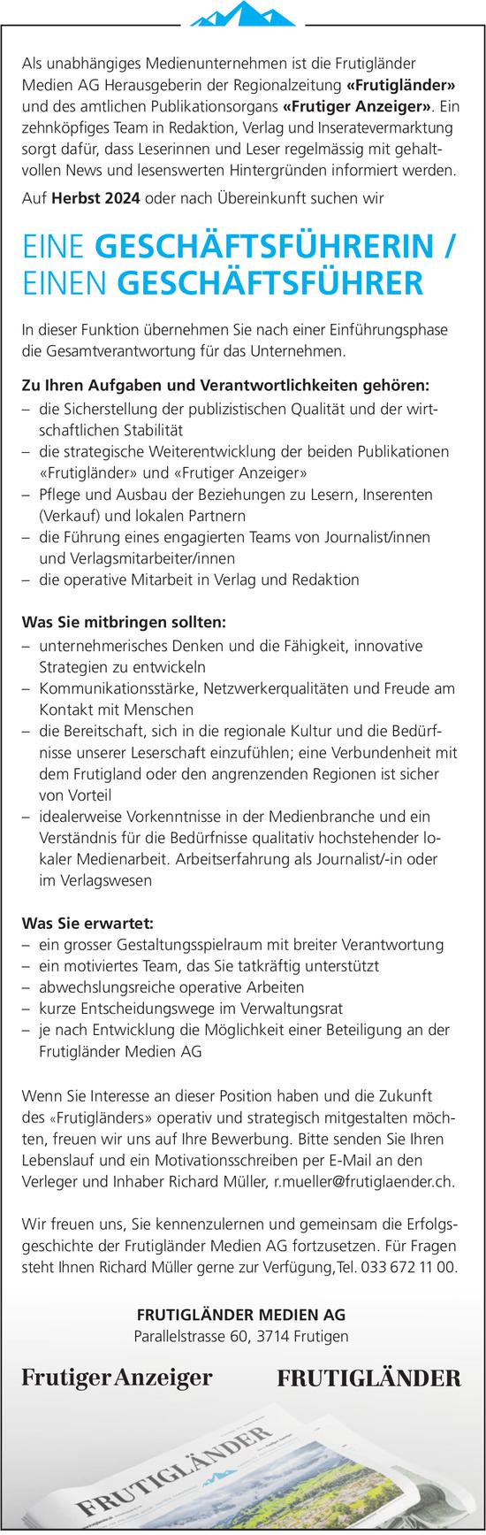 Geschäftsführerin / Geschäftsführer, Frutigländer Medien AG, Frutigen, gesucht
