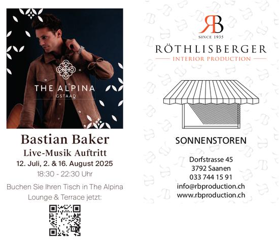 Bastian Baker Live-Musik Auftritt, 12. Juli, 2. & 16. August, The Alpina Gstaad, Saanen