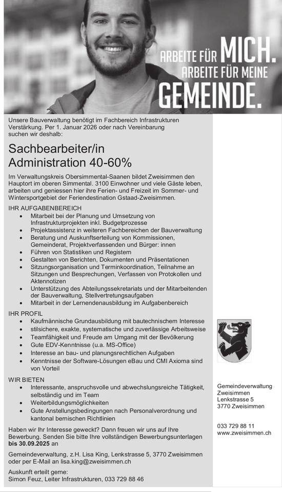 Sachbearbeiter/in Administration 40-60%, Gemeindeverwaltung Zweisimmen, Gesucht