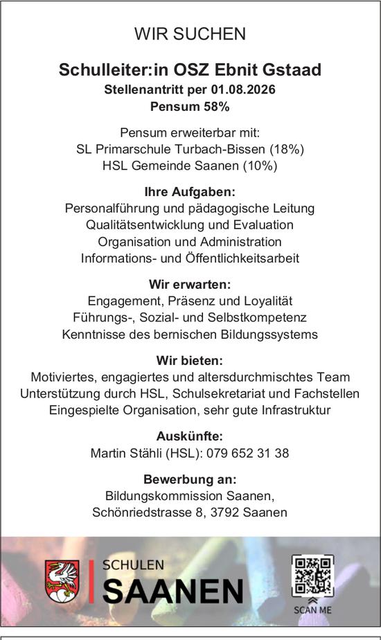 Schulleiter:in OSZ Ebnit Gstaad, Bildungskommission Saanen, Gesucht