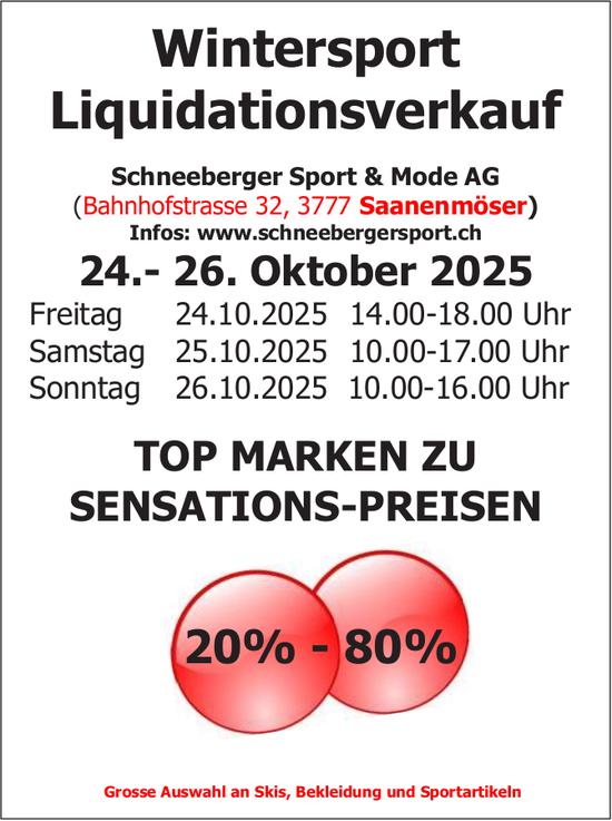 Wintersport Liquidationsverkauf, 24. - 26. Oktober, Saanenmöser