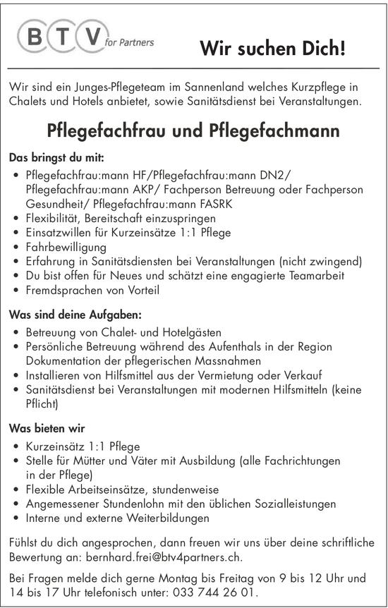 Pflegefachfrau und Pflegefachmann, BTV for Partners, gesucht