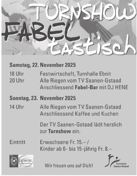 Turnshow FABEL tastisch, 22. - 23. November, Turnverein Saanen-Gstaad