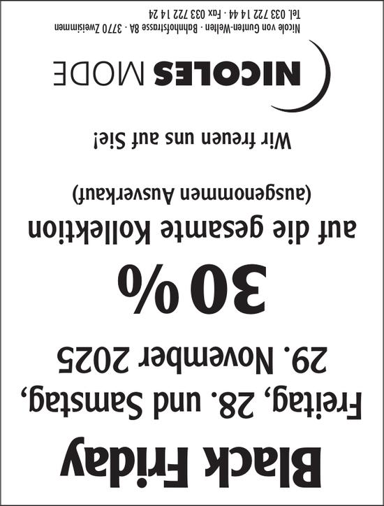 30 % auf die gesamte Kollektion, 28. - 29. November, Zweisimmen