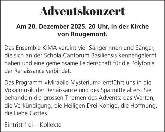 Adventskonzert, 20. Dezember, Kirche von Rougemont