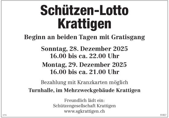 Schützen-Lotto Krattigen, 28. - 29. Dezember, Turnhalle, im Mehrzweckgebäude Krattigen