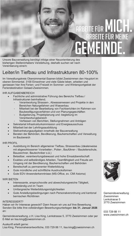 Leiter/in Tiefbau und Infrastrukturen 80-100%, Gemeindeverwaltung Zweisimmen, Gesucht