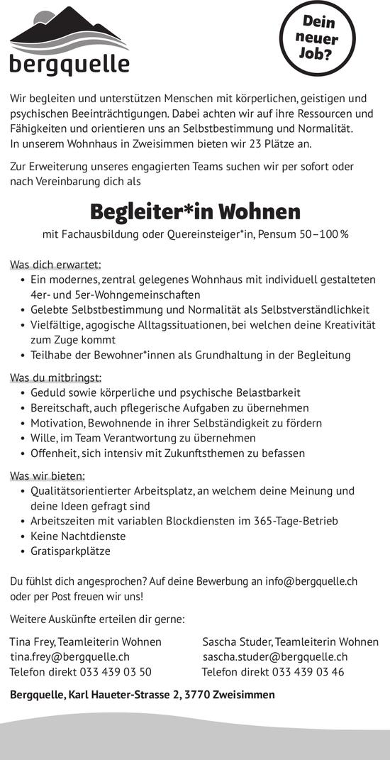 Begleiter*in Wohnen, Bergquelle, Zweisimmen, gesucht