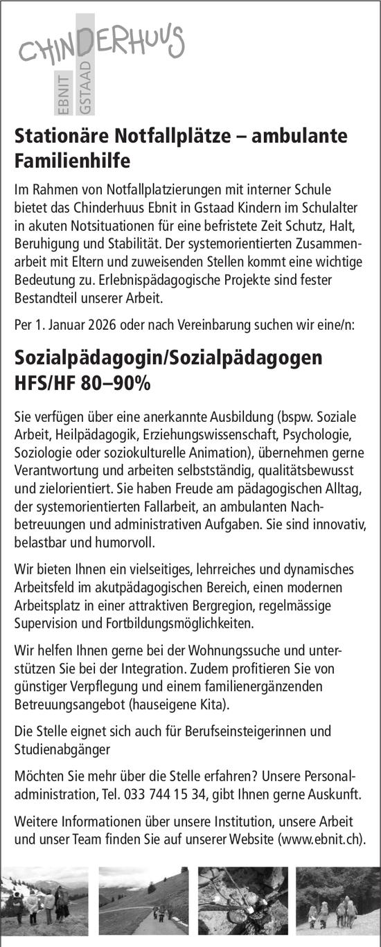Sozialpädagogin/Sozialpädagogen HFS/HF 80–90%, Chinderhuus Ebnit, Gesucht