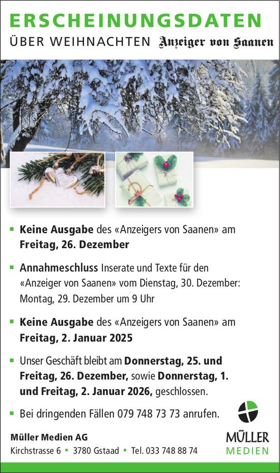 Anzeiger von Saanen, Gstaad - ERSCHEINUNGSDATEN ÜBER WEIHNACHTEN