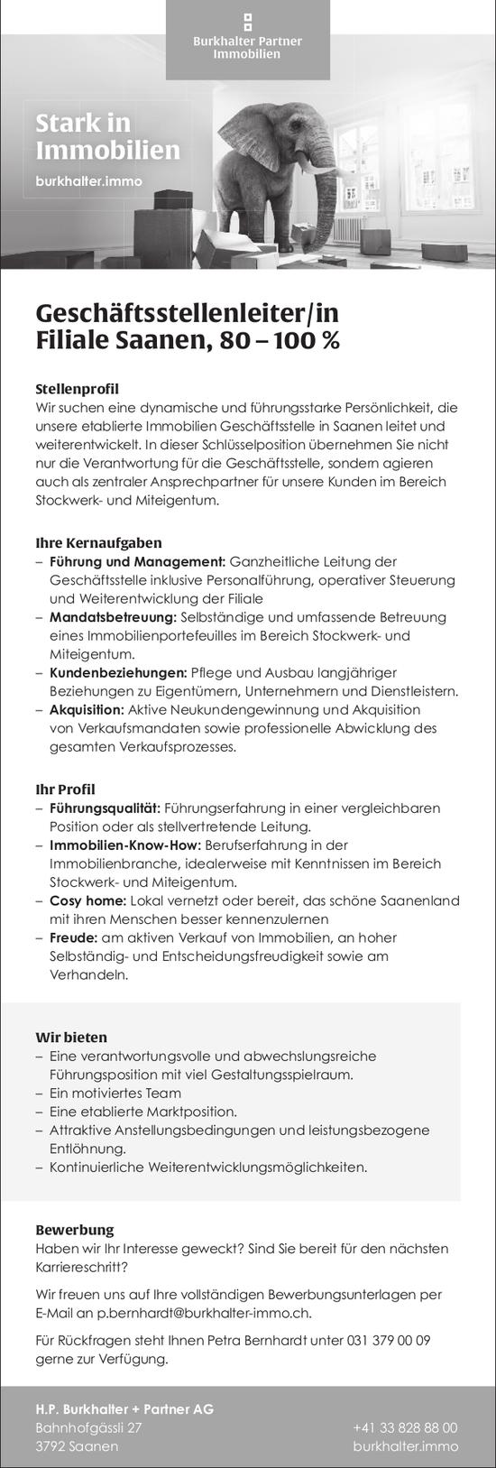 Geschäftsstellenleiter/in Filiale Saanen, 80 – 100 %, H.P. Burkhalter + Partner AG, Gesucht