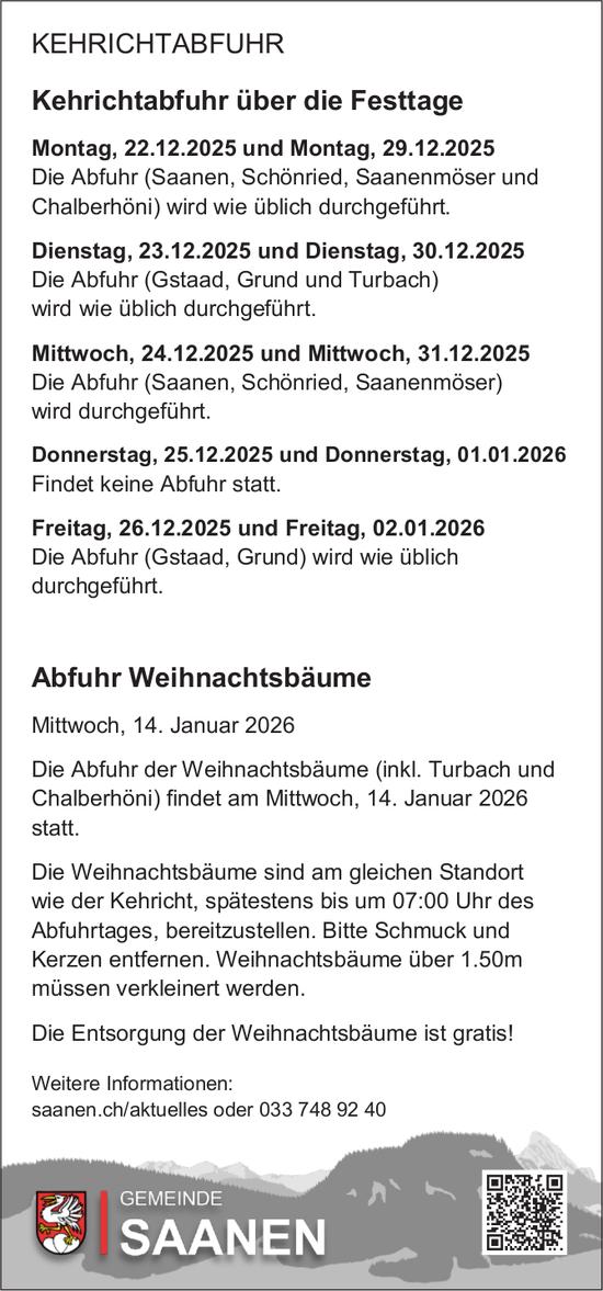 Kehrichtabfuhr über die Festtage