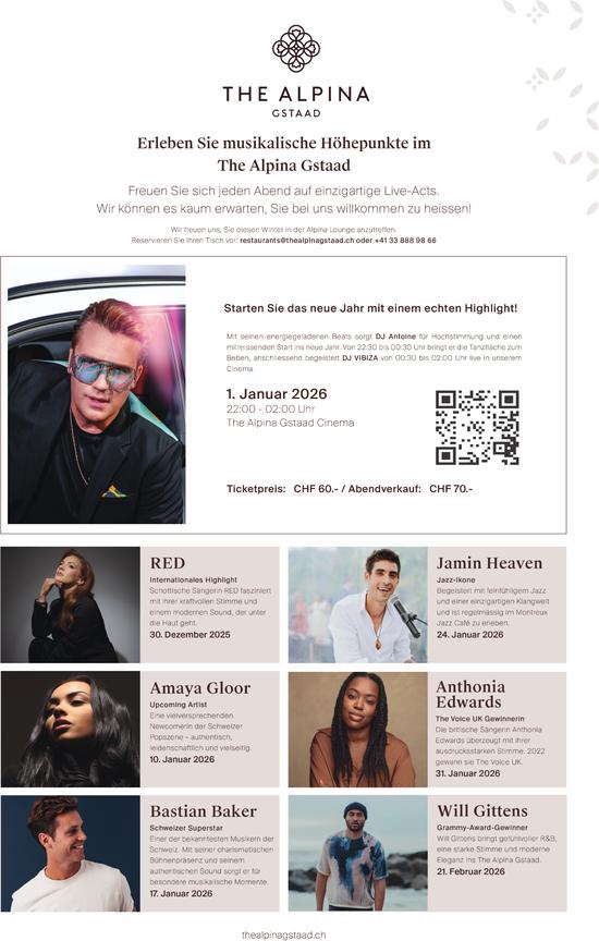 Erleben Sie musikalische Höhepunkte im The Alpina Gstaad, 1. Januar
