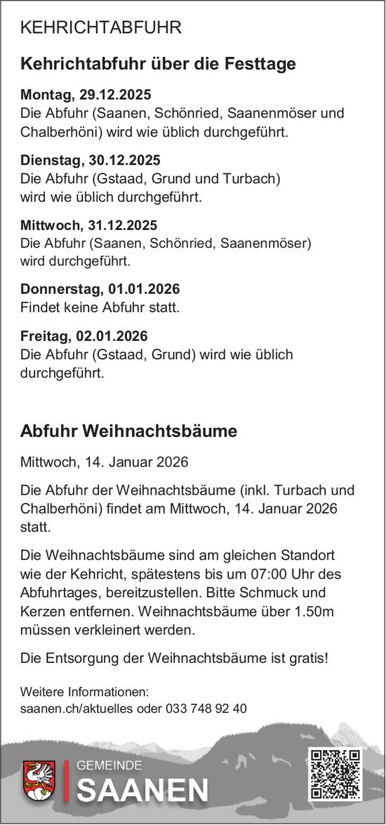 Gemeinde Saanen, Kehrichtabfuhr über die Festtage