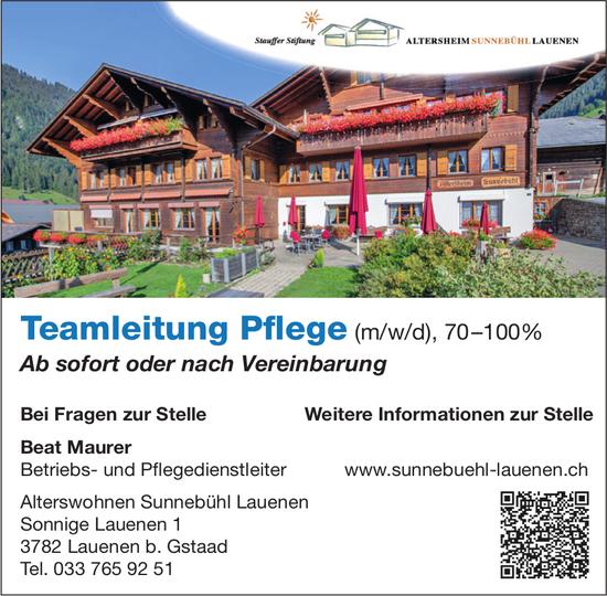 Teamleitung Pflege (m/w/d), 70–100%, Alterswohnen Sunnebühl Lauenen, Lauenen B. Gstaad, Gesucht