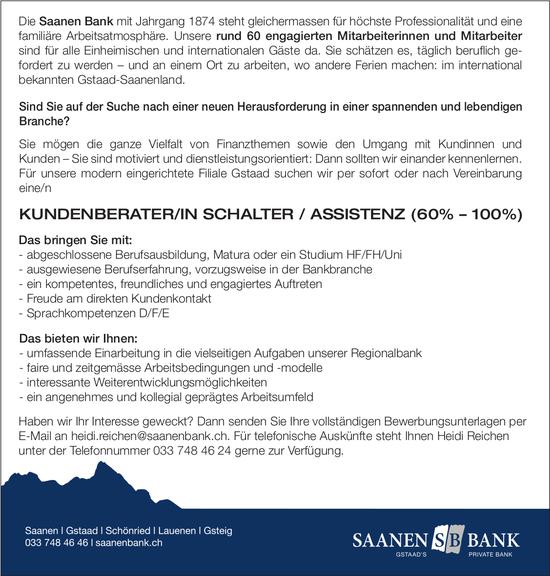 KUNDENBERATER/IN SCHALTER / ASSISTENZ (60% – 100%), Saanen Bank, Gstaad, gesucht
