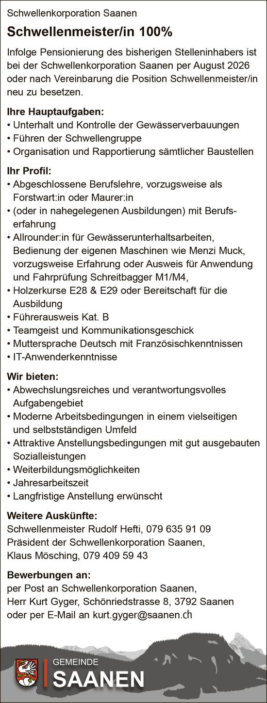 Schwellenmeister/in 100%, Schwellenkorporation Saanen, Gesucht