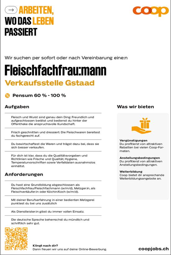 Fleischfachfrau:mann - Verkaufsstelle Gstaad, Coop, Gesucht