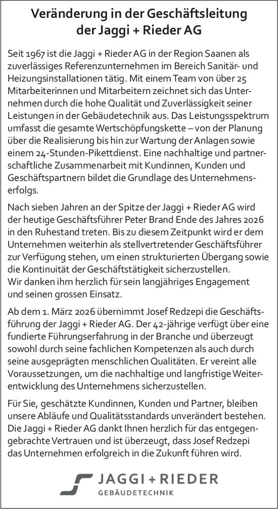 Jaggi + Rieder AG, Veränderung in der Geschäftsleitung der Jaggi + Rieder AG