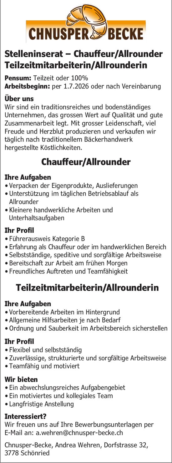 Chauffeur/Allrounder, Chnusper-Becke, Schönried, Gesucht