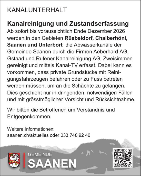 Lokale Gemeinschaft, Gemeinde Saanen, Kanalreinigung und Zustandserfassung
