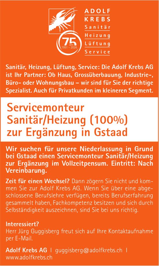 Servicemonteur Sanitär/Heizung (100%), Adolf Krebs AG, Gesucht