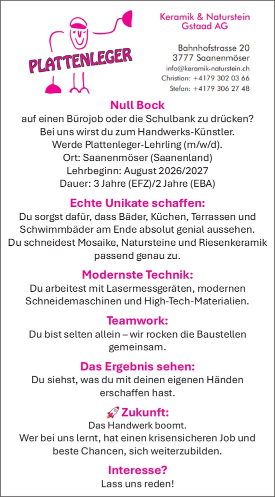 Plattenleger, Keramik & Naturstein Gstaad AG, Saanenmöser, gesucht