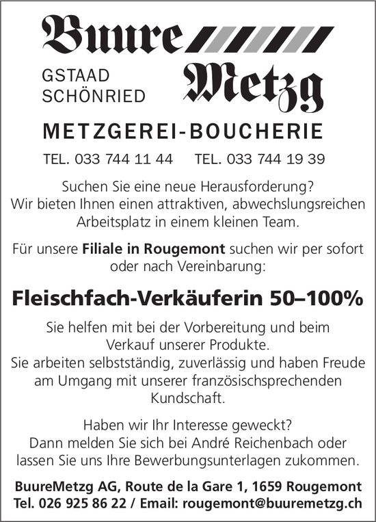 Fleischfach-Verkäuferin 50–100%, BuureMetzg AG, Rougemont, Gesucht