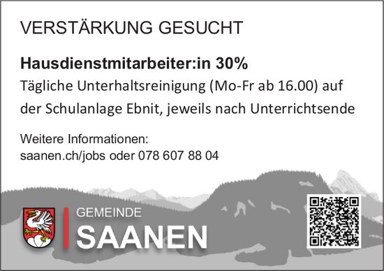 Hausdienstmitarbeiter:in 30%, Gemeinde Saanen, Gesucht