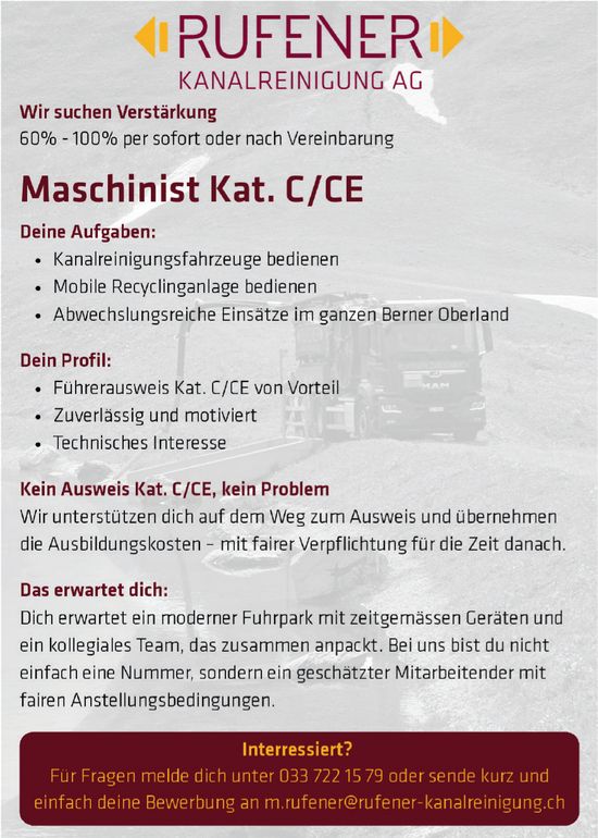 Maschinist Kat. C/CE, RUFENER Kanalreinigung AG, Gesucht