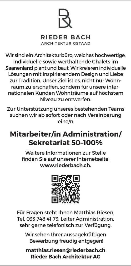 Mitarbeiter/in Administration/ Sekretariat 50–100%, Rieder Bach Architektur AG, Gesucht