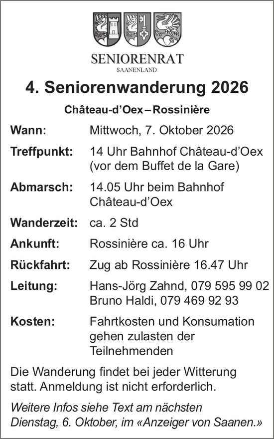 4. Seniorenwanderung 2026, 7. Oktober, Bahnhof Château-d’Oex