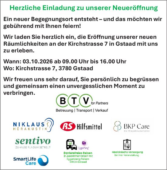 Herzliche Einladung zu unserer Neueröffnung, 3. Oktober, Gstaad