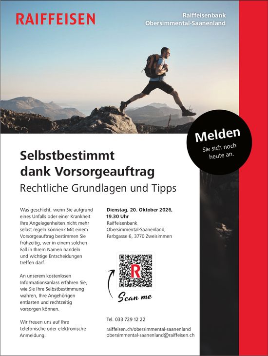 Selbstbestimmt dank Vorsorgeauftrag, 20. Oktober, Raiffeisenbank Obersimmental-Saanenland, Zweisimmen