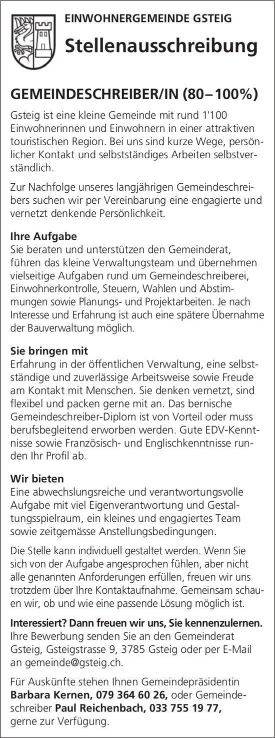 Gemeindeschreiber/In (80–100%), Einwohnergemeinde Gsteig, gesucht
