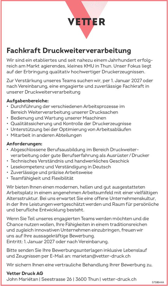 Fachkraft Druckweiterverarbeitung, Vetter Druck AG, Thun, gesucht