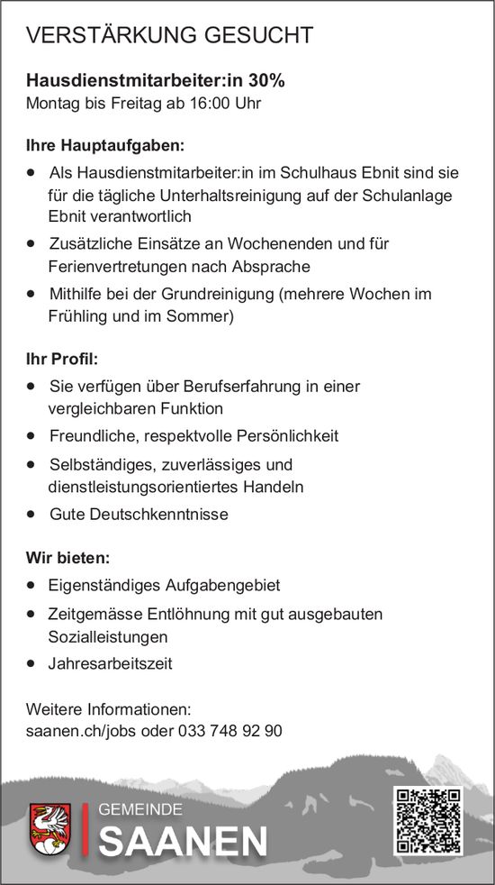 Hausdienstmitarbeiter:in 30%, GEMEINDE SAANEN, Gesucht