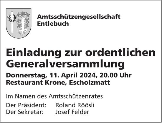 Einladung zur ordentlichen Generalversammlung, 11. April, Restaurant Krone, Escholzmatt