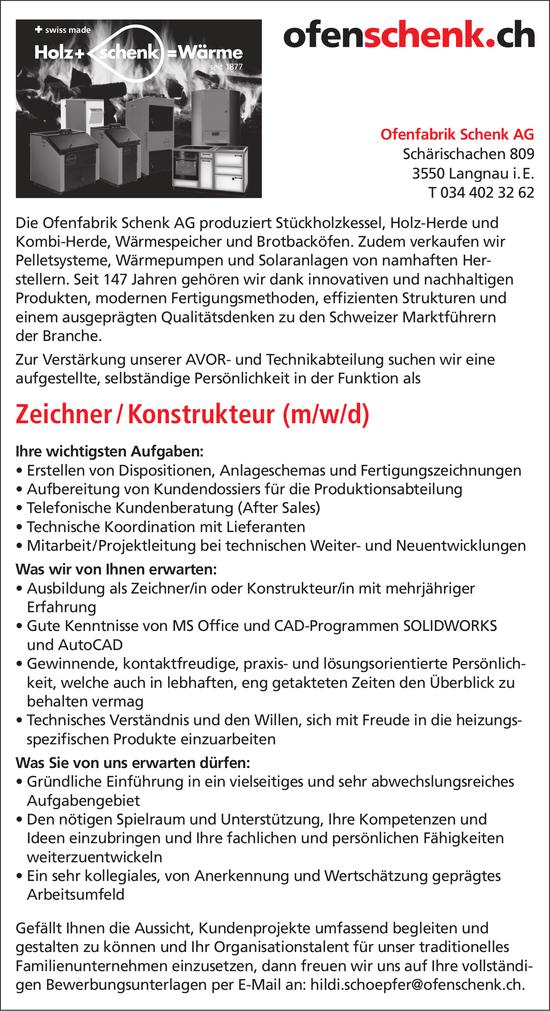 Zeichner / Konstrukteur (m/w/d), Ofenfabrik Schenk AG, Langnau i. E., gesucht