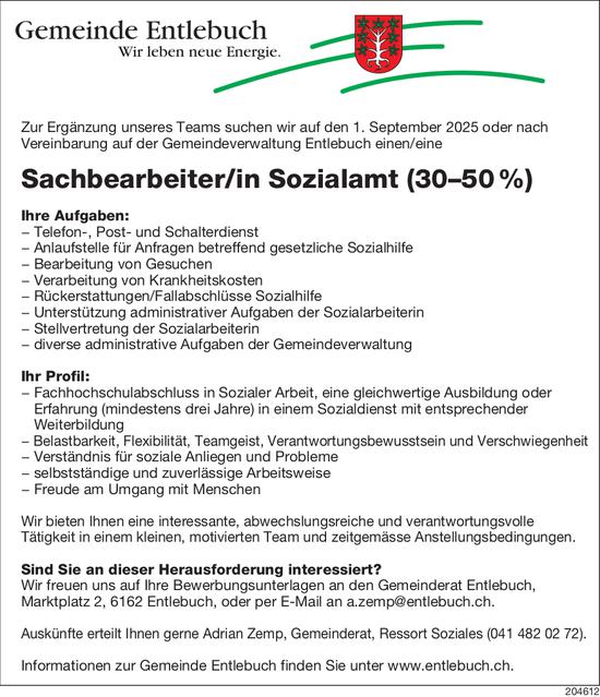 Sachbearbeiter/in Sozialamt (30–50 %), Gemeinde Entlebuch, Gesucht