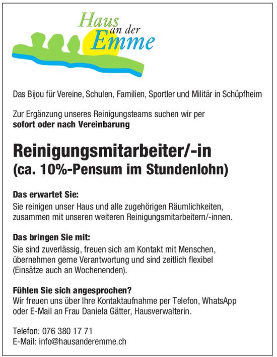 Reinigungsmitarbeiter/-in (ca. 10%-Pensum im Stundenlohn), Haus an der Emme, Schüpfheim, gesucht