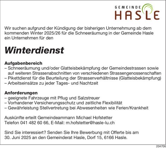 Winterdienst, Gemeinde Hasle, Gesucht