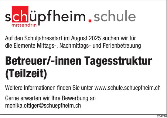 Betreuer/-innen Tagesstruktur (Teilzeit), Schule Schüpfheim, Gesucht